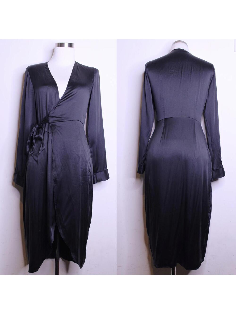 Fleur du Mal Black Silk Midi Wrap Dress - XS